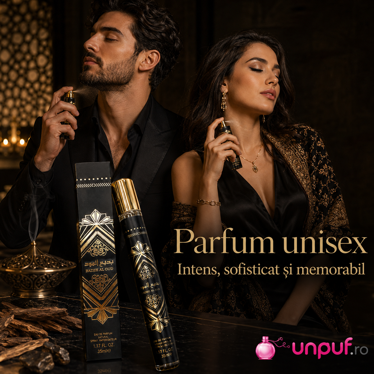 Badee Al Oud Oud For Glory Lattafa mostră fiolă parfum unisex, intens, sofisticat și memorabil pentru femei și bărbați
